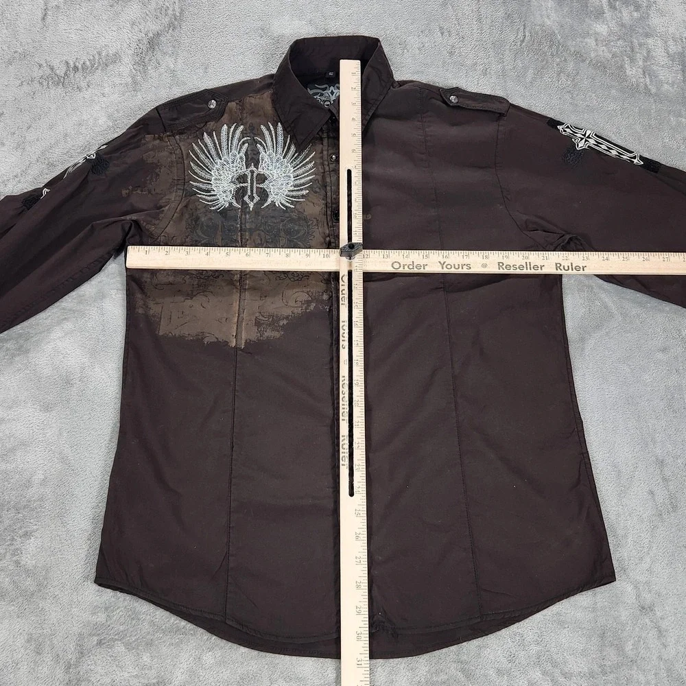 Roar Shirt Mens Large Brown Gothic Wings Cross Long Sleeve Button Up Embroidered